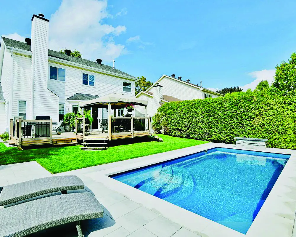 A backyard pool beside a deck and a tall hedge.